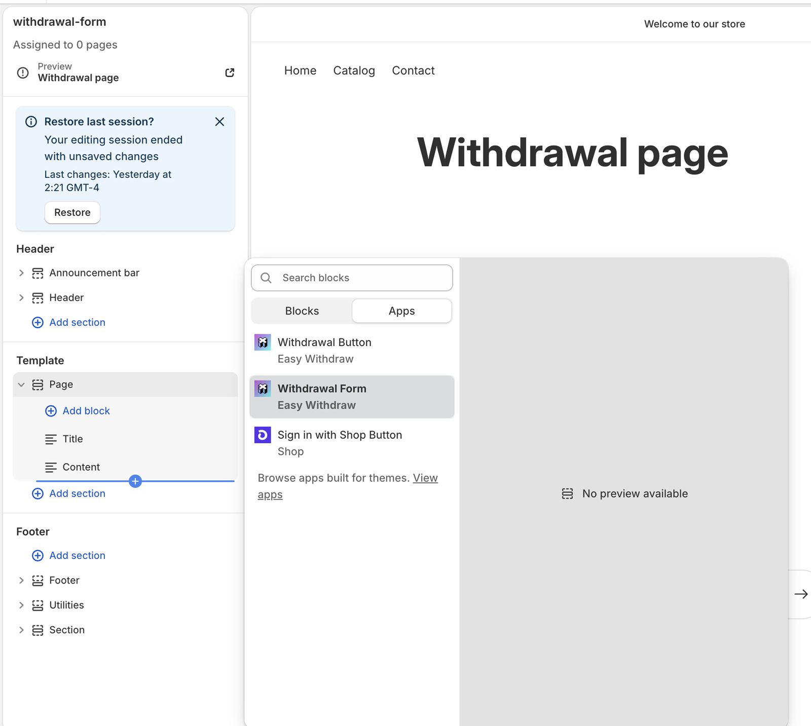 Theme editor Add section picker on the Apps tab with the Withdrawal Form block selected