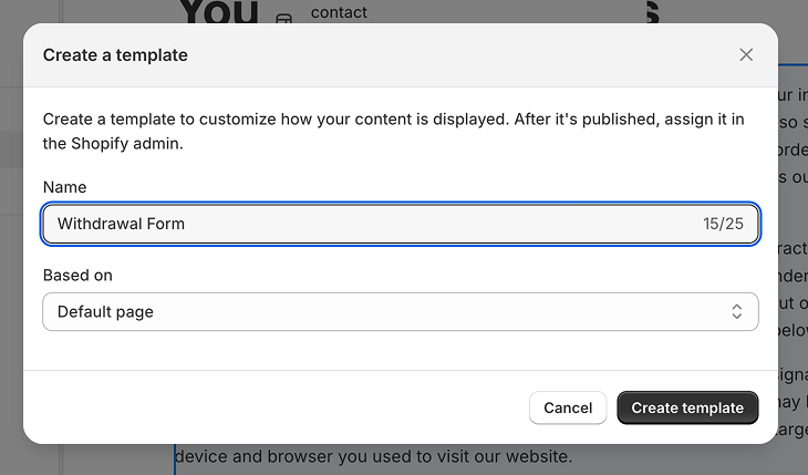 The Create a template dialog with the name Withdrawal Form and Based on set to Default page