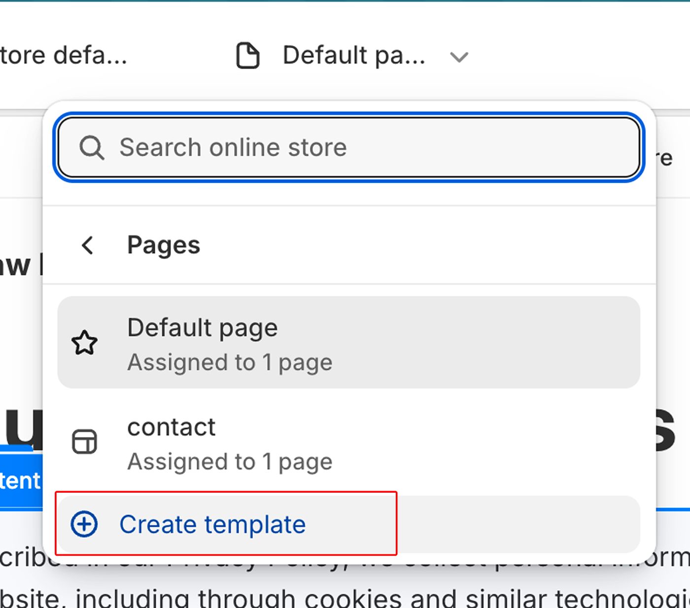 Shopify theme editor template picker open on Pages with Create template highlighted