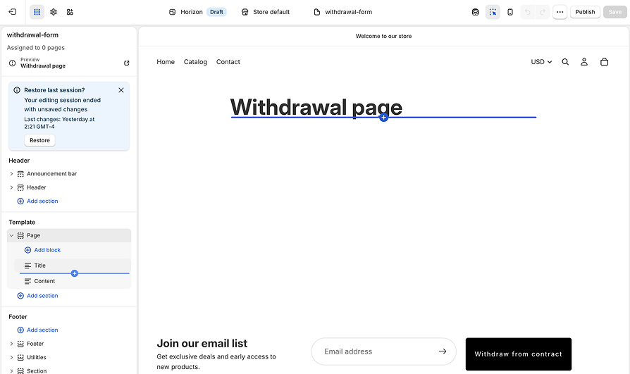 Theme editor preview of the Withdrawal page with a Withdraw from contract button in the footer